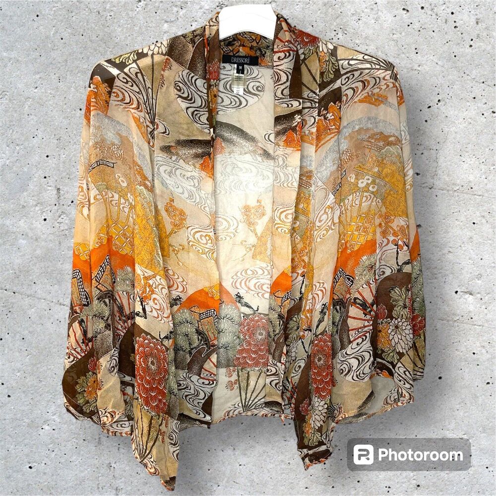 DRESSORI Women's Silk Kimono Orange Floral Asian Chinoiserie Print Size Medium